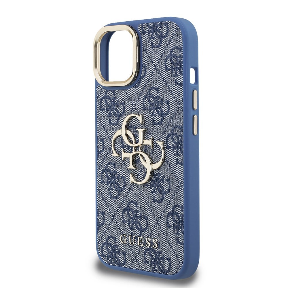 Apple iPhone 15 Kılıf Guess Orjinal Lisanslı PU Deri 4G Desenli Metal Büyük 4G ve Yazı Logolu Kamera Standlı Kapak