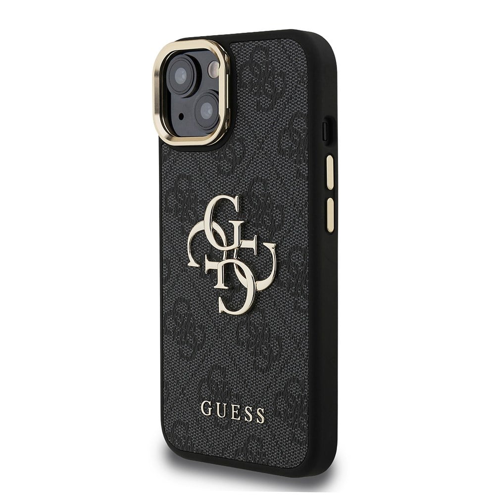 Apple iPhone 15 Kılıf Guess Orjinal Lisanslı PU Deri 4G Desenli Metal Büyük 4G ve Yazı Logolu Kamera Standlı Kapak