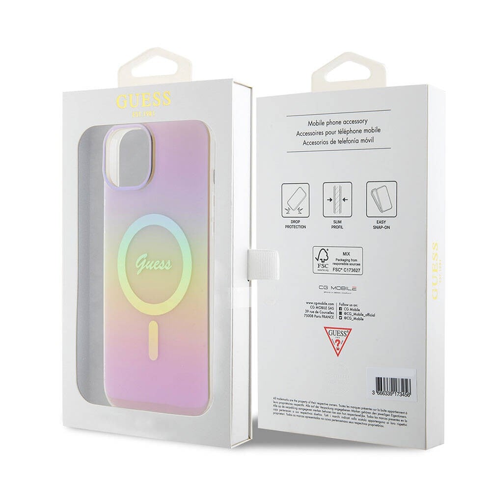 Apple iPhone 15 Kılıf Guess Orjinal Lisanslı M-safe Şarj Özellikli Yazı Logolu Iridescent Kapak