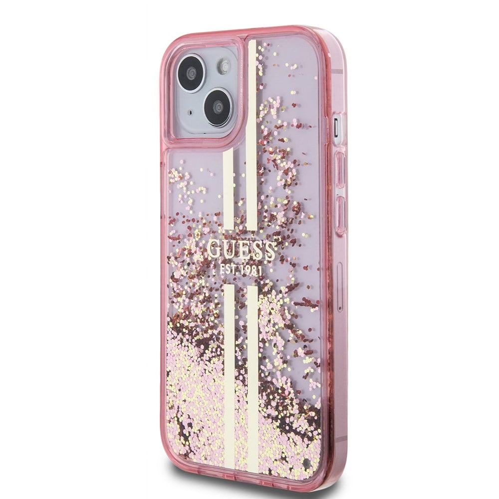 Apple iPhone 15 Kılıf Guess Orjinal Lisanslı Transparan Sıvılı Simli Altın Çizgili Kapak