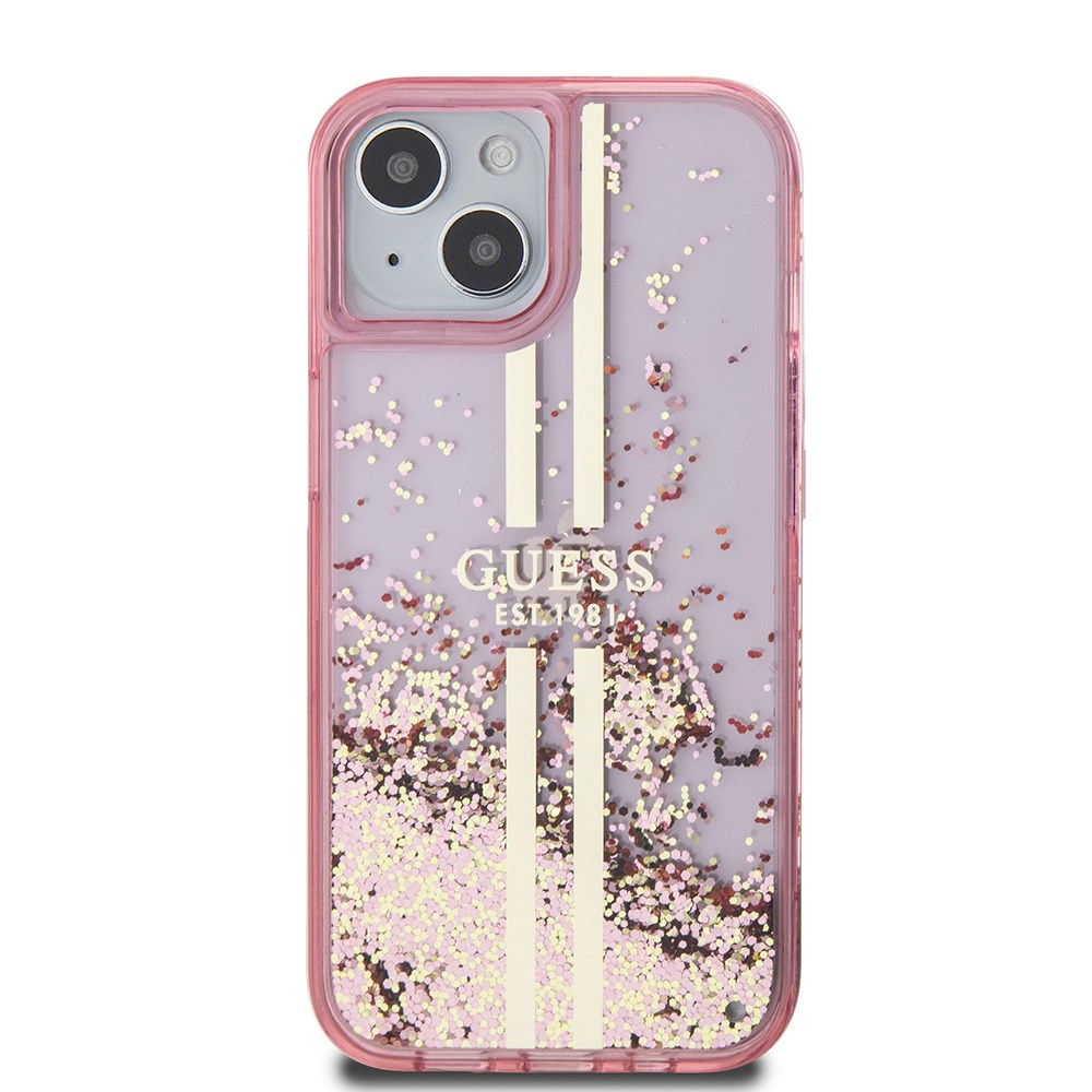 Apple iPhone 15 Kılıf Guess Orjinal Lisanslı Transparan Sıvılı Simli Altın Çizgili Kapak