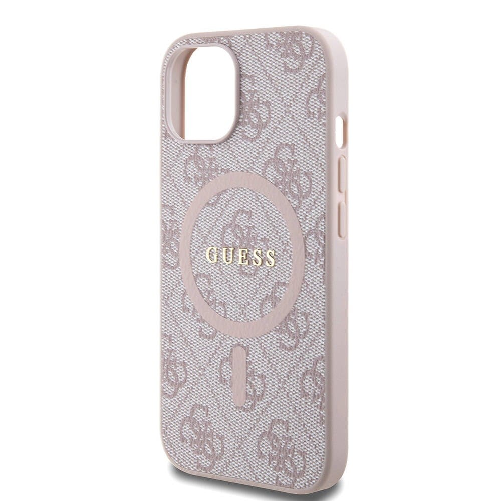 Apple iPhone 15 Kılıf Guess Orjinal Lisanslı M-safe Şarj Özellikli PU Halkalı 4G Desenli Yazı Logolu Kapak