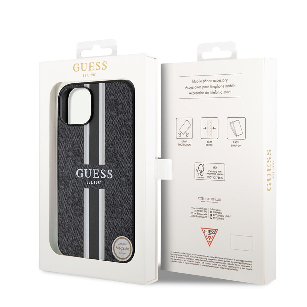 Apple iPhone 15 Kılıf Guess Orjinal Lisanslı M-safe Şarj Özellikli 4G Şerit Tasarımlı Printed Kapak