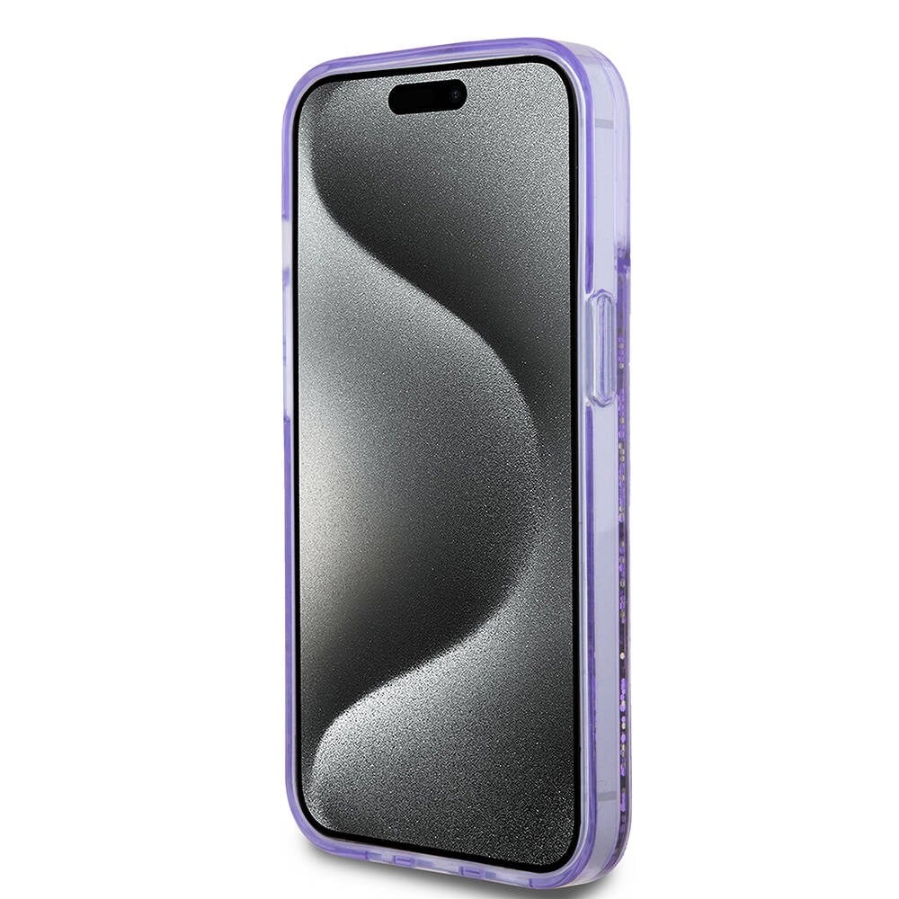 Apple iPhone 15 Kılıf Guess Orjinal Lisanslı Transparan Sıvılı Simli Altın Çizgili Kapak