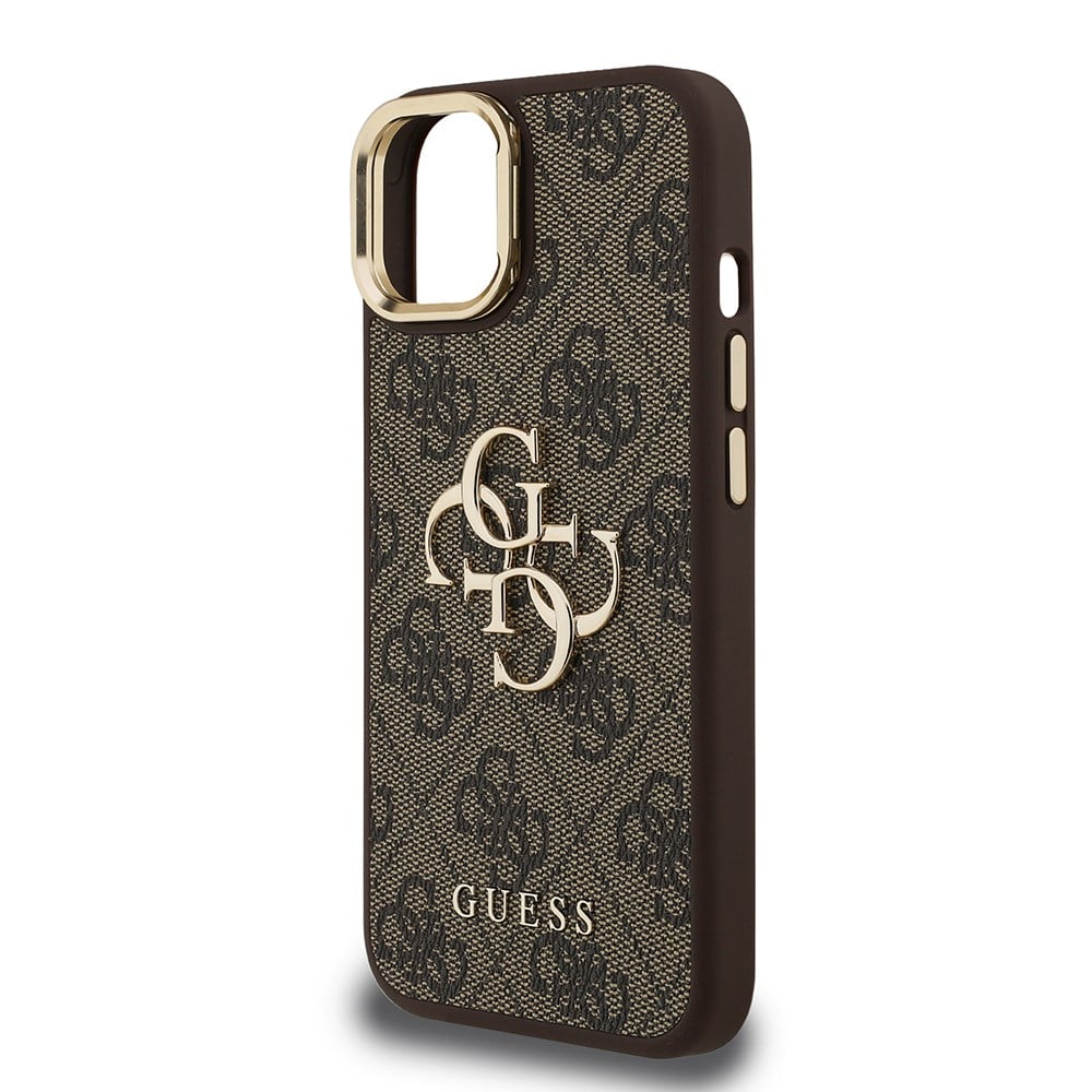 Apple iPhone 15 Kılıf Guess Orjinal Lisanslı PU Deri 4G Desenli Metal Büyük 4G ve Yazı Logolu Kamera Standlı Kapak