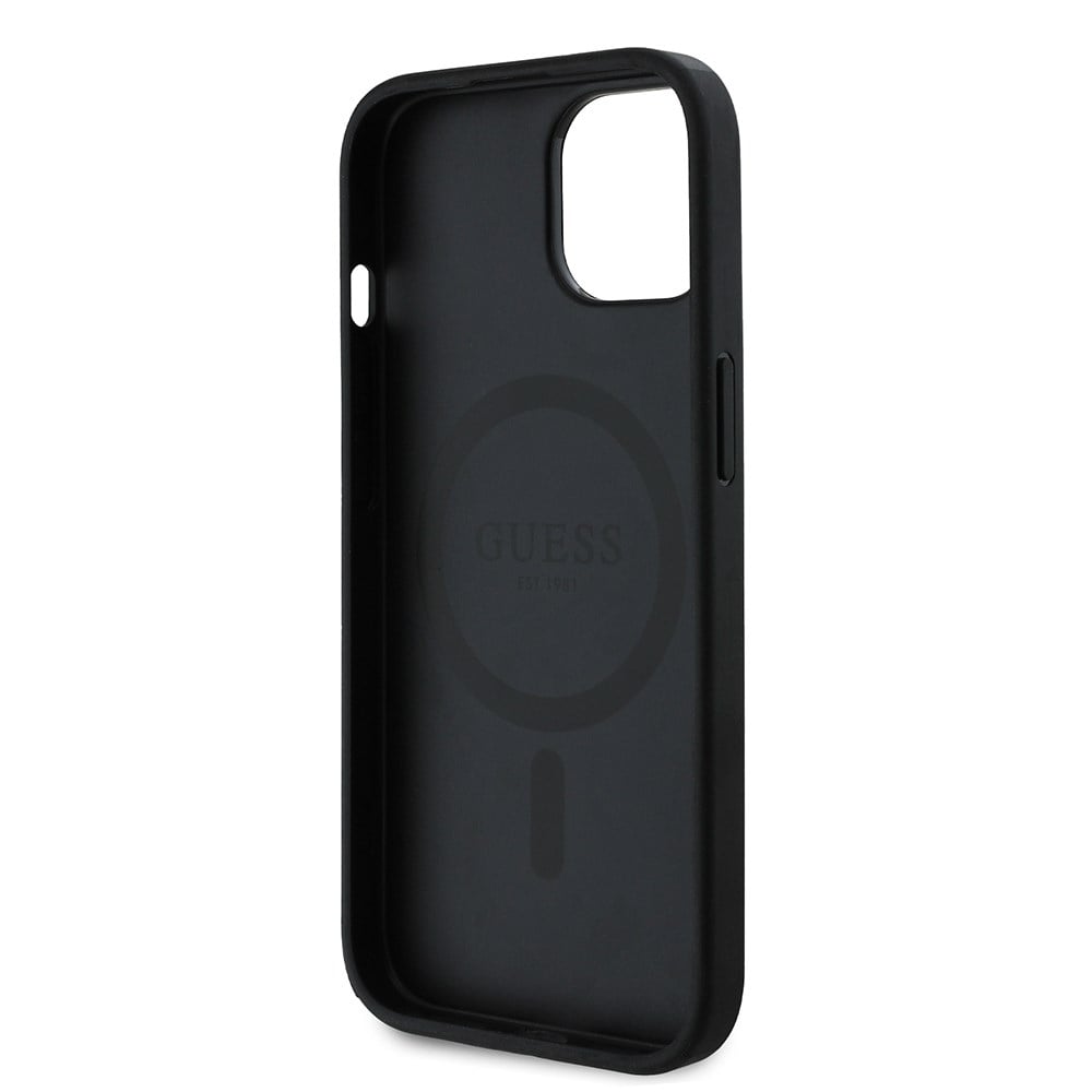 Apple iPhone 15 Kılıf Guess Orjinal Lisanslı M-safe Şarj Özellikli PU Üçgen Logo 4G Desenli Kapak