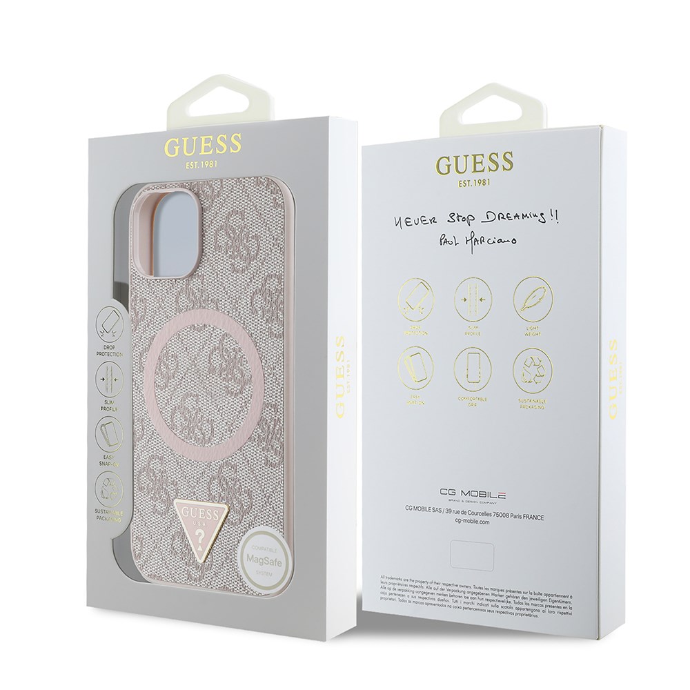Apple iPhone 15 Kılıf Guess Orjinal Lisanslı M-safe Şarj Özellikli PU Üçgen Logo 4G Desenli Kapak