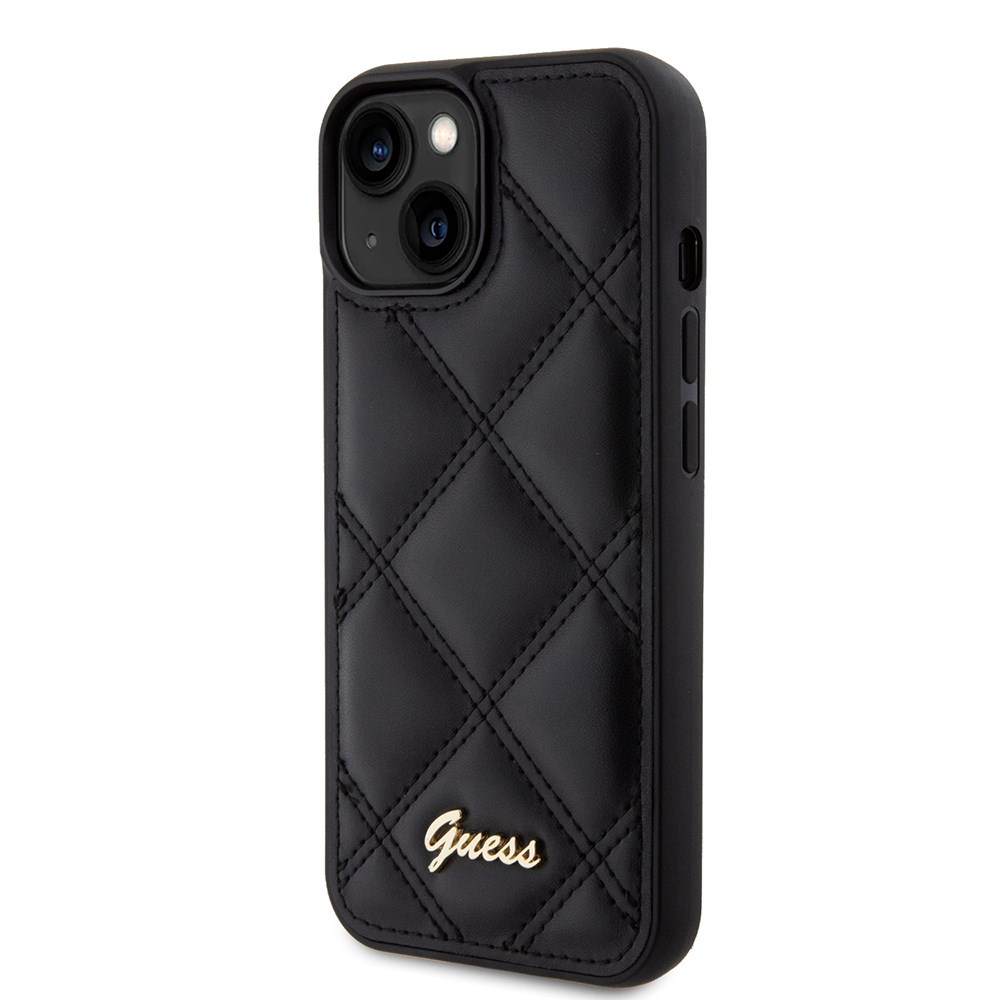 Apple iPhone 15 Kılıf Guess Orjinal Lisanslı PU Deri Metal Yazı Logolu Kapitone Kapak