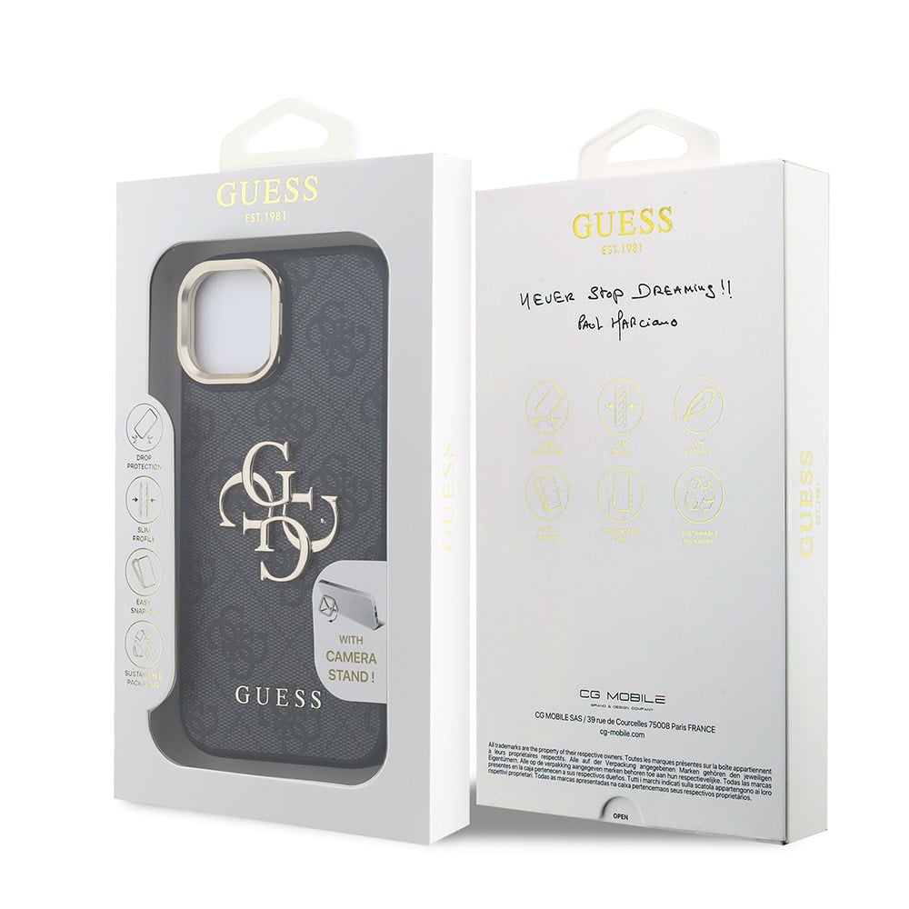 Apple iPhone 15 Kılıf Guess Orjinal Lisanslı PU Deri 4G Desenli Metal Büyük 4G ve Yazı Logolu Kamera Standlı Kapak