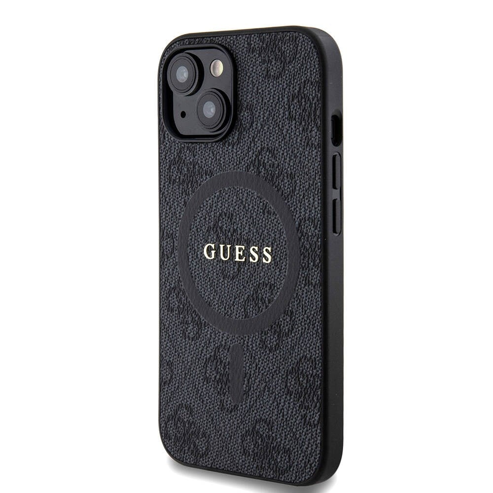 Apple iPhone 15 Kılıf Guess Orjinal Lisanslı M-safe Şarj Özellikli PU Halkalı 4G Desenli Yazı Logolu Kapak
