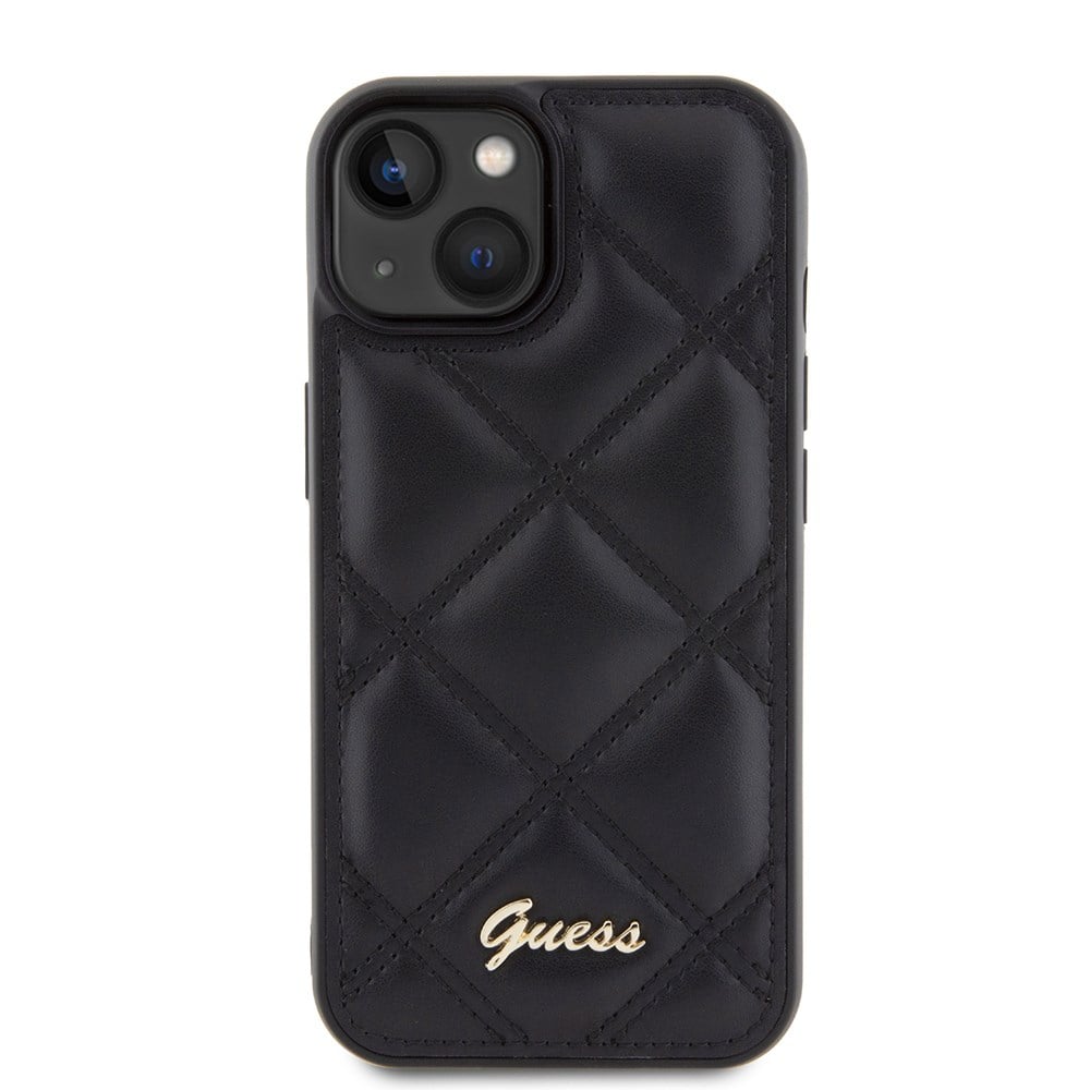 Apple iPhone 15 Kılıf Guess Orjinal Lisanslı PU Deri Metal Yazı Logolu Kapitone Kapak