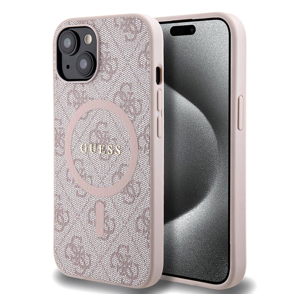 Apple iPhone 15 Kılıf Guess Orjinal Lisanslı M-safe Şarj Özellikli PU Halkalı 4G Desenli Yazı Logolu Kapak