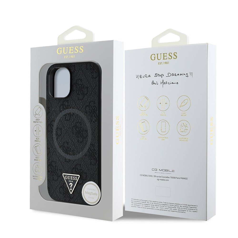 Apple iPhone 15 Kılıf Guess Orjinal Lisanslı M-safe Şarj Özellikli PU Üçgen Logo 4G Desenli Kapak