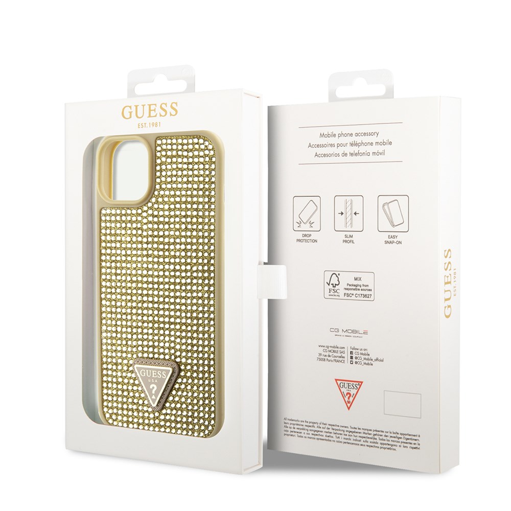 Apple iPhone 15 Kılıf Guess Orjinal Lisanslı Taşlı Arka Yüzey Üçgen Logolu Kapak