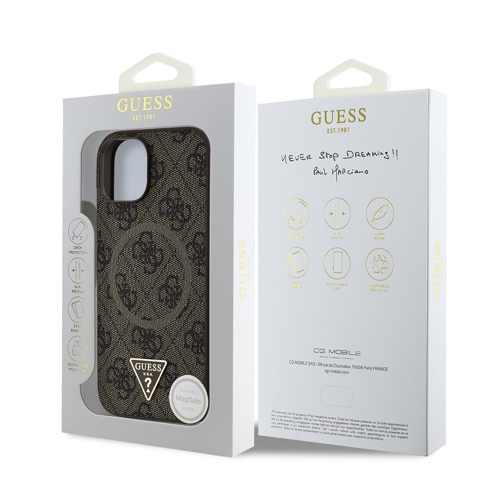 Apple iPhone 15 Kılıf Guess Orjinal Lisanslı M-safe Şarj Özellikli PU Üçgen Logo 4G Desenli Kapak