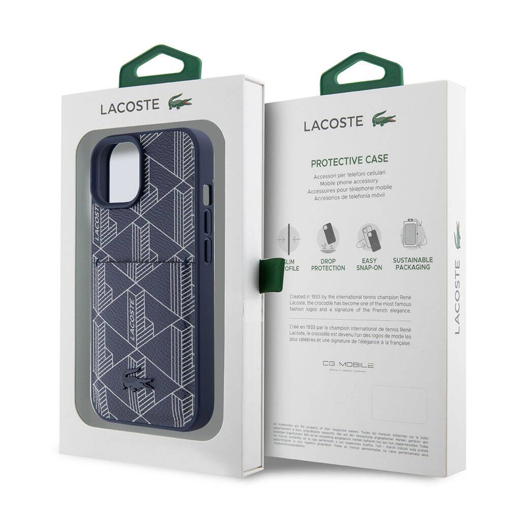 Apple iPhone 15 Kılıf Lacoste Orjinal Lisanslı M-safe Şarj Özellikli PU Deri Görünümlü Kartlıklı Karışık Monogram Desenli Kapak