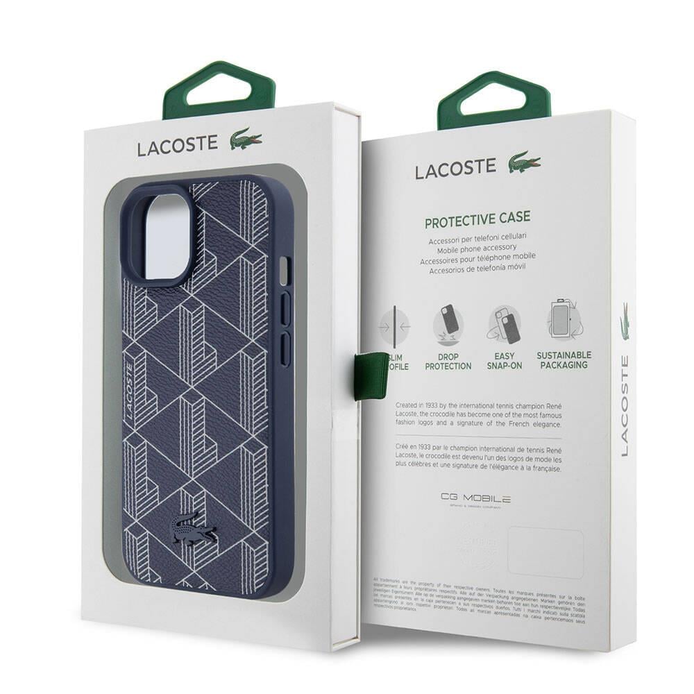 Apple iPhone 15 Kılıf Lacoste Orjinal Lisanslı M-safe Şarj Özellikli PU Deri Görünümlü Karışık Monogram Desenli Kapak