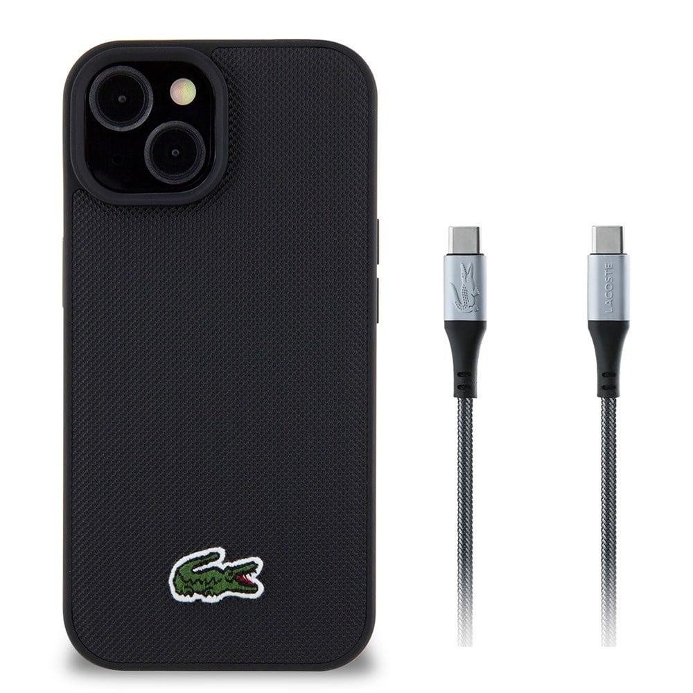 Apple iPhone 15 Kılıf Lacoste Orjinal Lisanslı PU Pike Desenli Arka Yüzey İkonik Timsah Dokuma Logolu Kapak + Type-C Kablo 1.5m