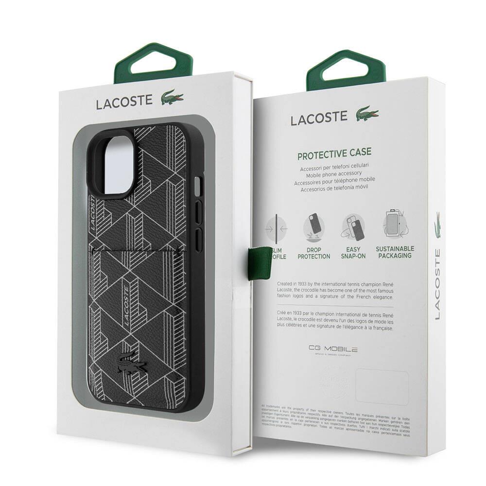 Apple iPhone 15 Kılıf Lacoste Orjinal Lisanslı M-safe Şarj Özellikli PU Deri Görünümlü Kartlıklı Karışık Monogram Desenli Kapak