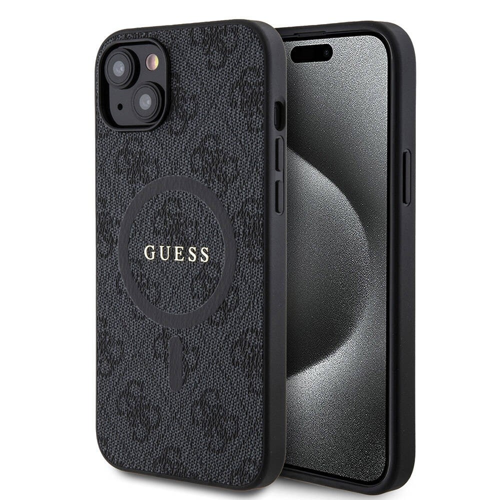 Apple iPhone 15 Plus Guess Orjinal Lisanslı M-safe Şarj Özellikli PU Halkalı 4G Desenli Yazı Logolu Kapak