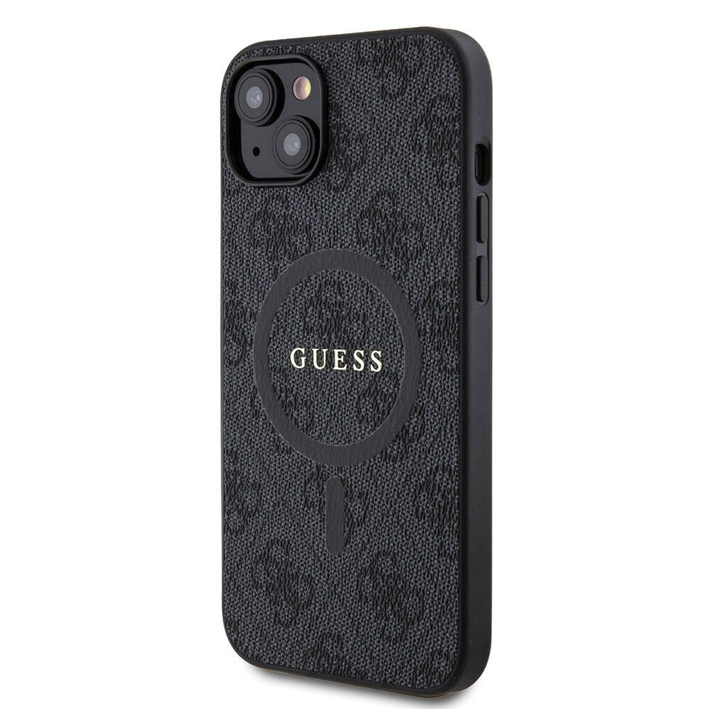 Apple iPhone 15 Plus Guess Orjinal Lisanslı M-safe Şarj Özellikli PU Halkalı 4G Desenli Yazı Logolu Kapak