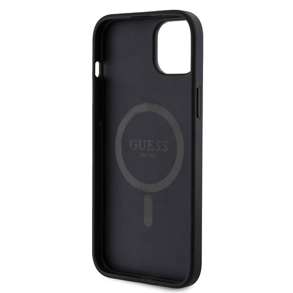 Apple iPhone 15 Plus Guess Orjinal Lisanslı M-safe Şarj Özellikli PU Halkalı 4G Desenli Yazı Logolu Kapak