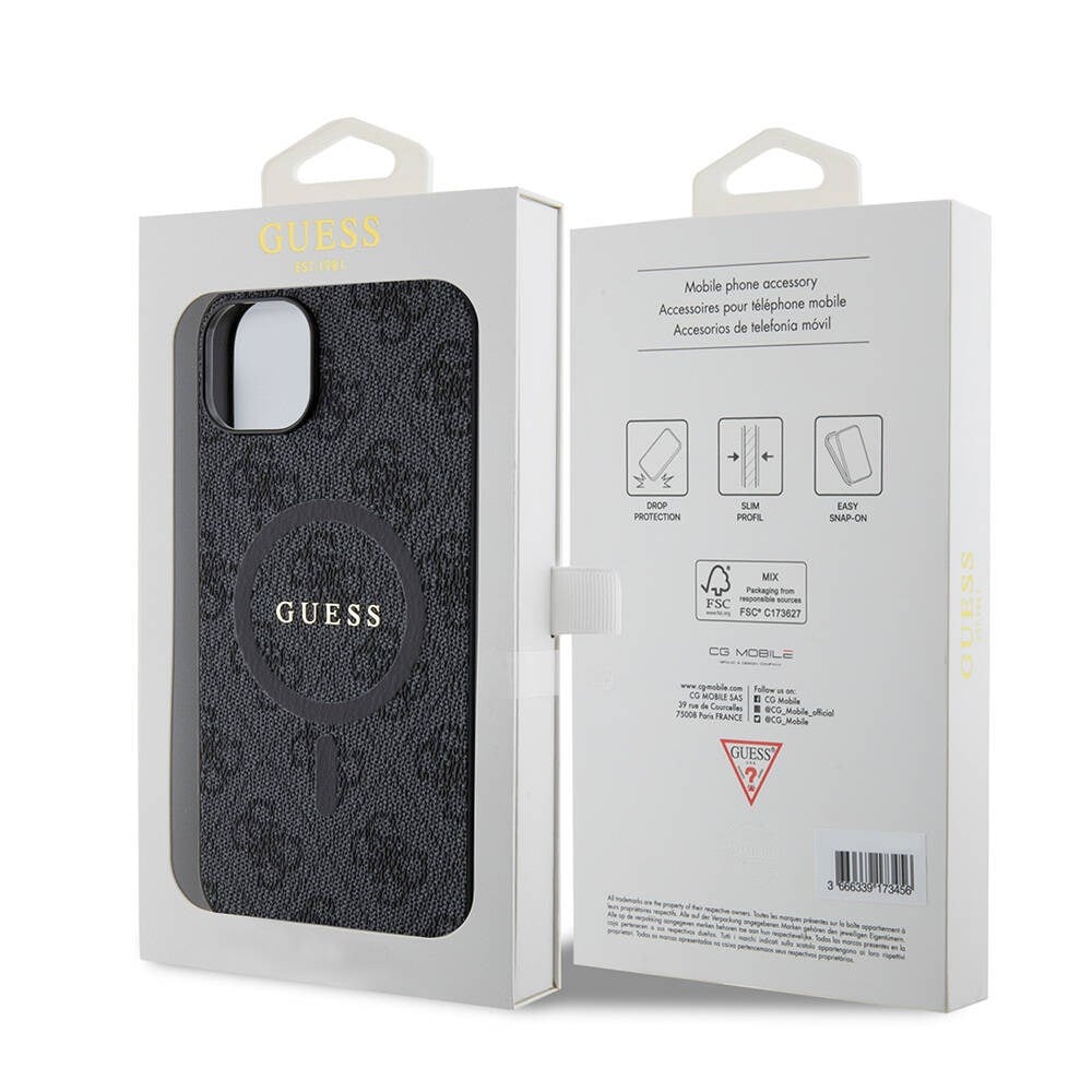 Apple iPhone 15 Plus Guess Orjinal Lisanslı M-safe Şarj Özellikli PU Halkalı 4G Desenli Yazı Logolu Kapak