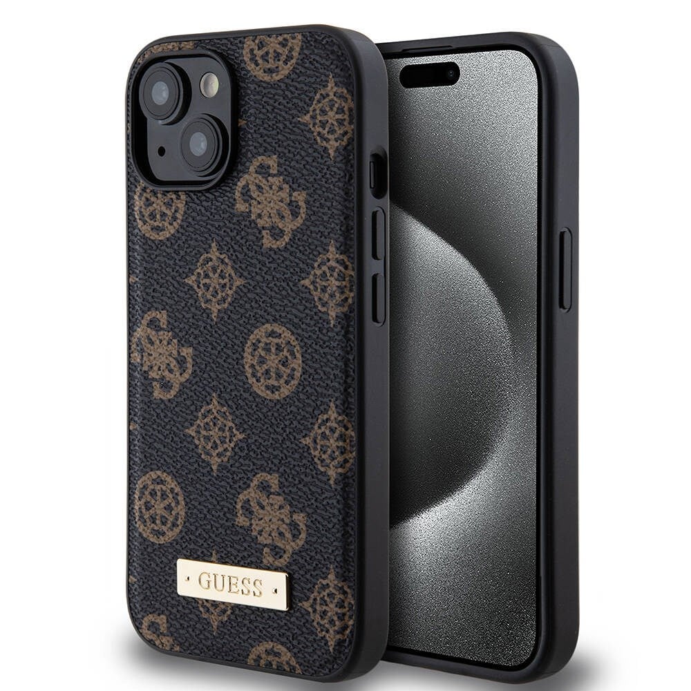 Apple iPhone 15 Plus Kılıf Guess M-safe Şarj Özellikli PU Deri Desenli Metal Plaka Logolu Kapak