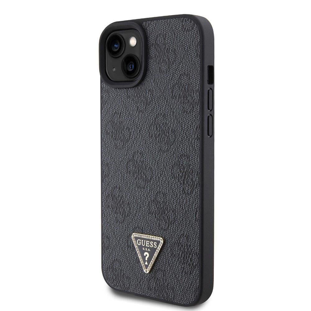 Apple iPhone 15 Plus Kılıf Guess Orjinal Lisanslı PU Deri Askılı Taşlı Üçgen Logo 4G Desenli Strass Crossbody Kapak