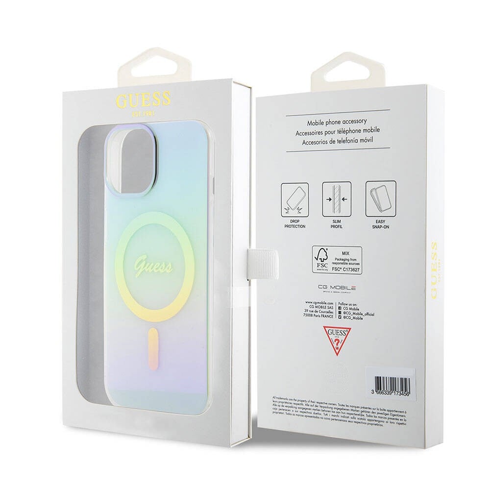 Apple iPhone 15 Plus Kılıf Guess Orjinal Lisanslı M-safe Şarj Özellikli Yazı Logolu Iridescent Kapak