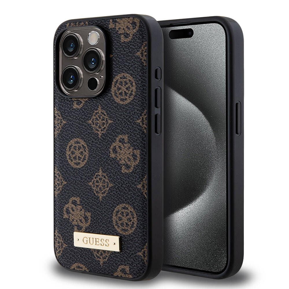 Apple iPhone 15 Pro Kılıf Guess M-safe Şarj Özellikli PU Deri Desenli Metal Plaka Logolu Kapak