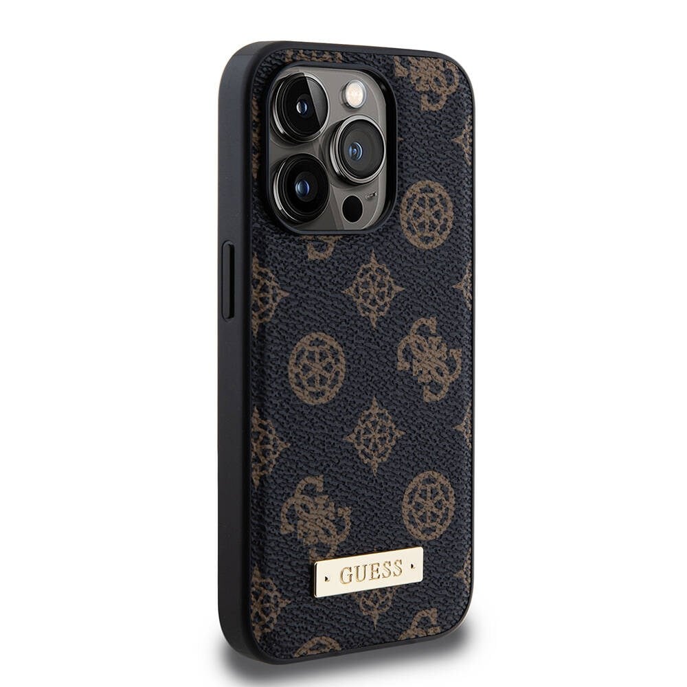 Apple iPhone 15 Pro Kılıf Guess M-safe Şarj Özellikli PU Deri Desenli Metal Plaka Logolu Kapak