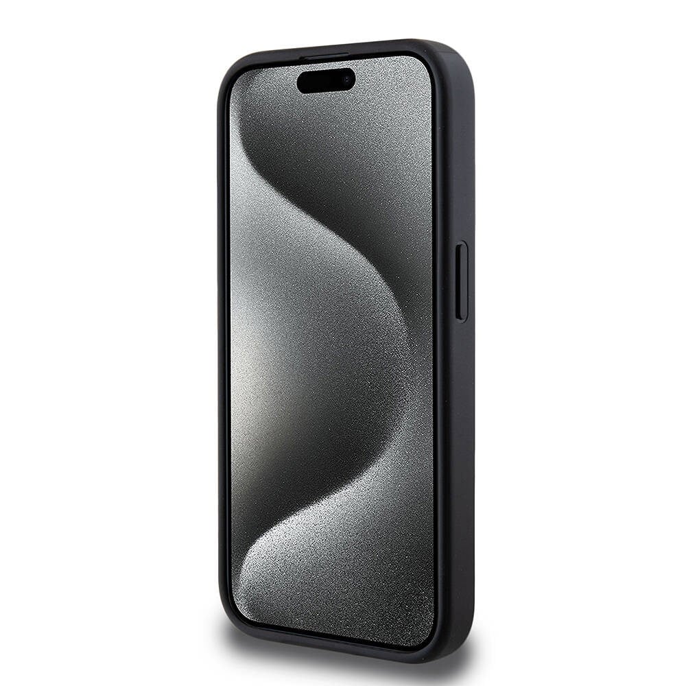 Apple iPhone 15 Pro Kılıf Guess M-safe Şarj Özellikli PU Deri Desenli Metal Plaka Logolu Kapak
