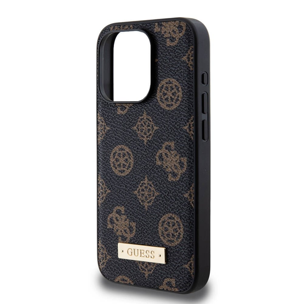 Apple iPhone 15 Pro Kılıf Guess M-safe Şarj Özellikli PU Deri Desenli Metal Plaka Logolu Kapak