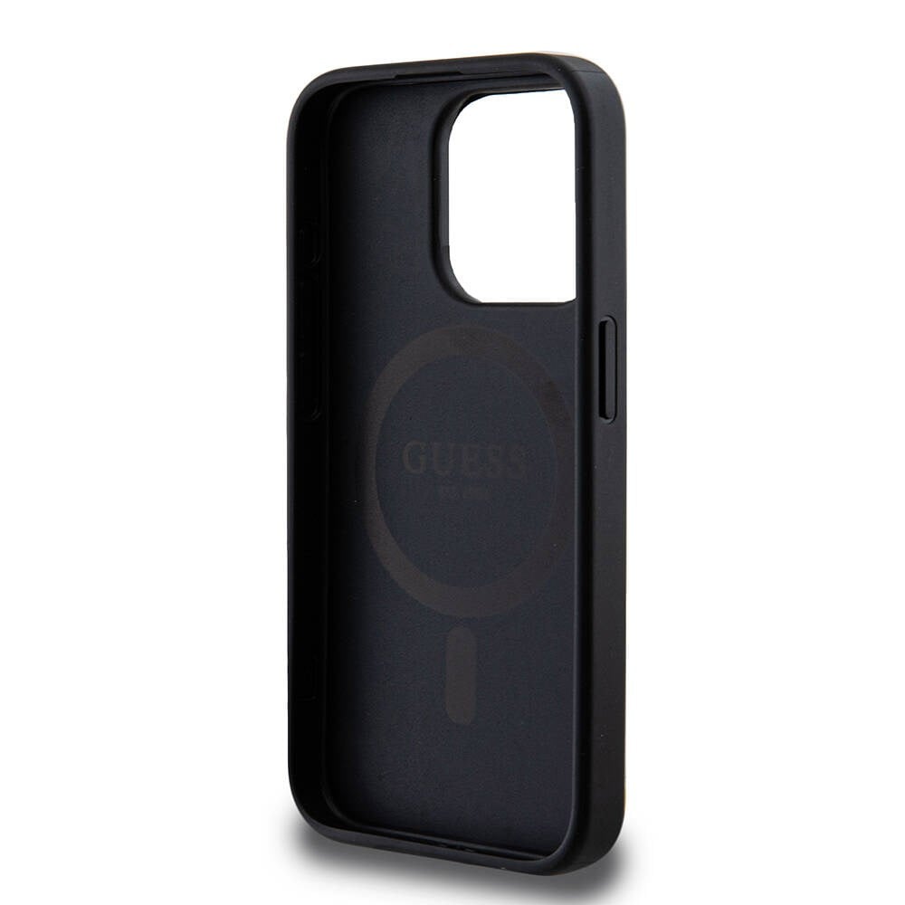 Apple iPhone 15 Pro Kılıf Guess M-safe Şarj Özellikli PU Deri Desenli Metal Plaka Logolu Kapak