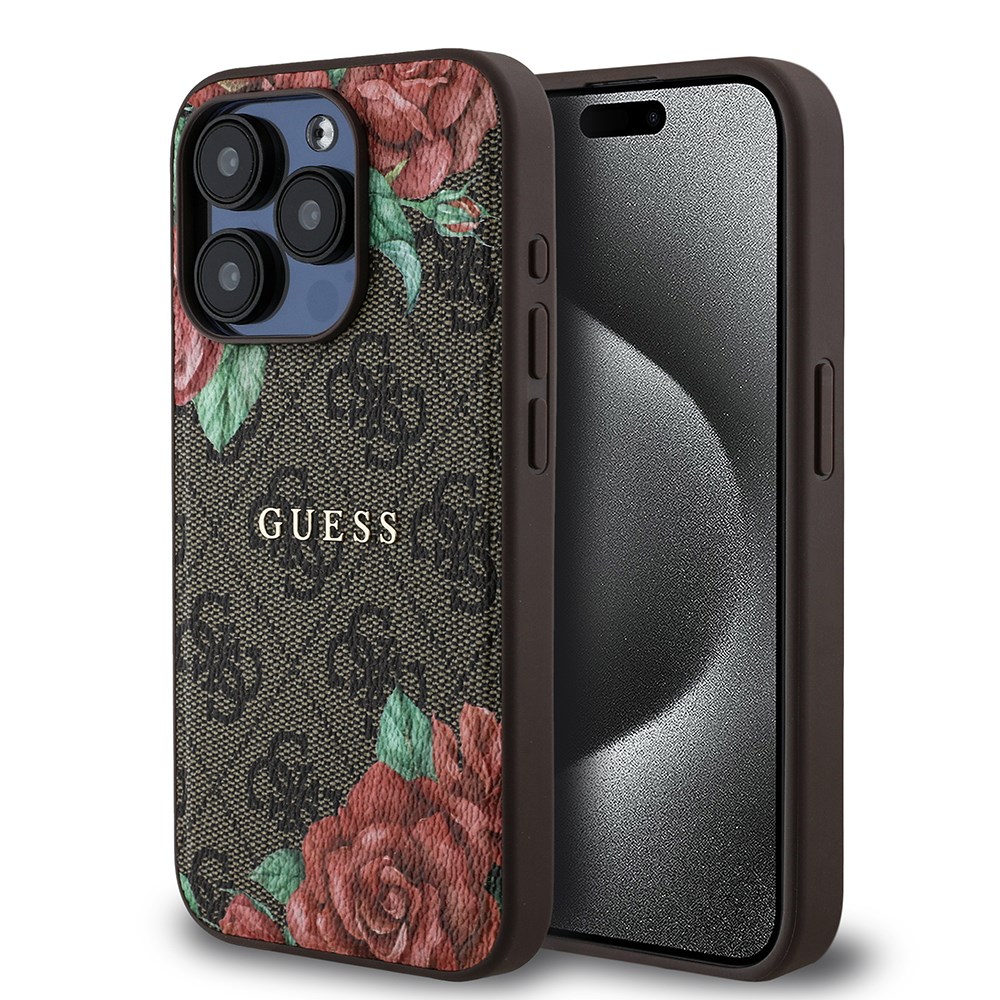 Apple iPhone 15 Pro Kılıf Guess Orjinal Lisanslı M-safe Şarj Özellikli Gül Baskılı 4G Desenli Yazı Logolu Kapak