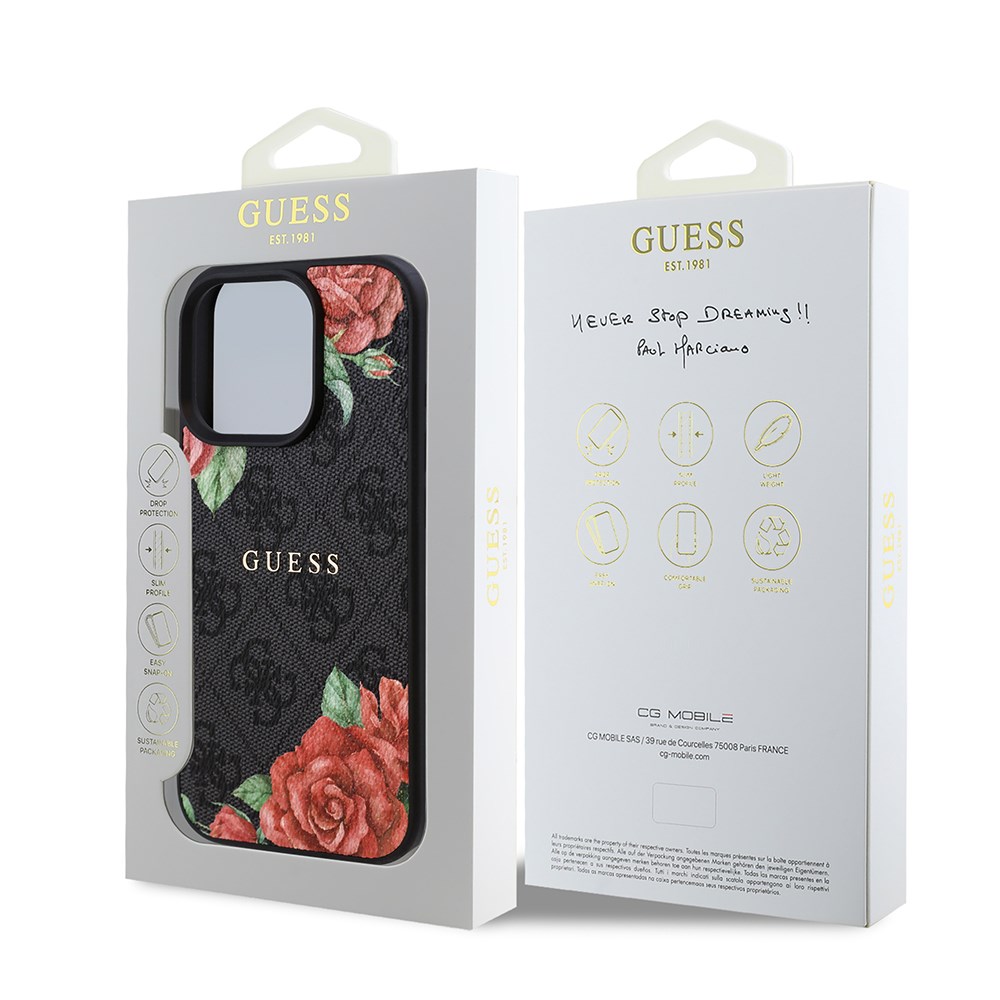 Apple iPhone 15 Pro Kılıf Guess Orjinal Lisanslı M-safe Şarj Özellikli Gül Baskılı 4G Desenli Yazı Logolu Kapak