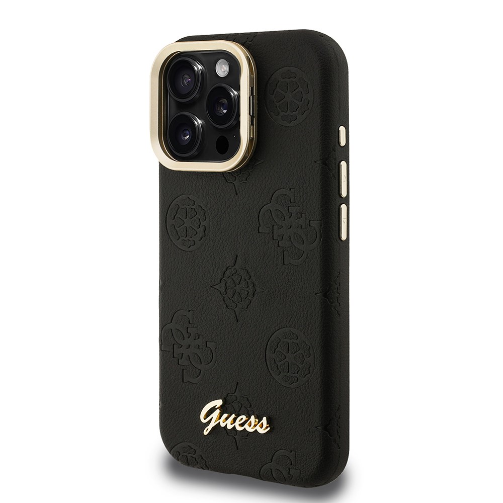 Apple iPhone 15 Pro Kılıf Guess Orjinal Lisanslı M-safe Şarj Özellikli Sıcak Baskılı Yazı Logolu Kamera Standlı PU Deri Peony Kapak