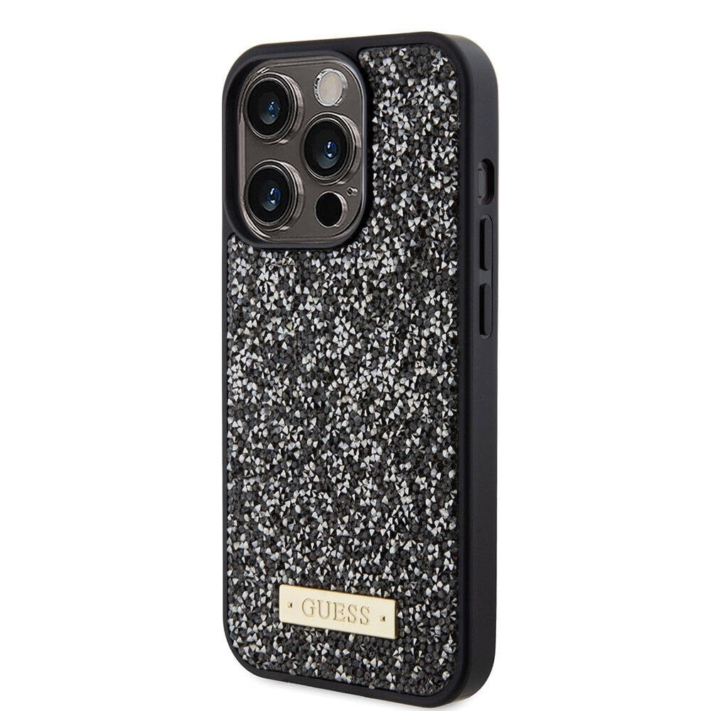 Apple iPhone 15 Pro Kılıf Guess Orjinal Lisanslı Taşlı Arka Yüzey Metal Yazı Logolu Kapak