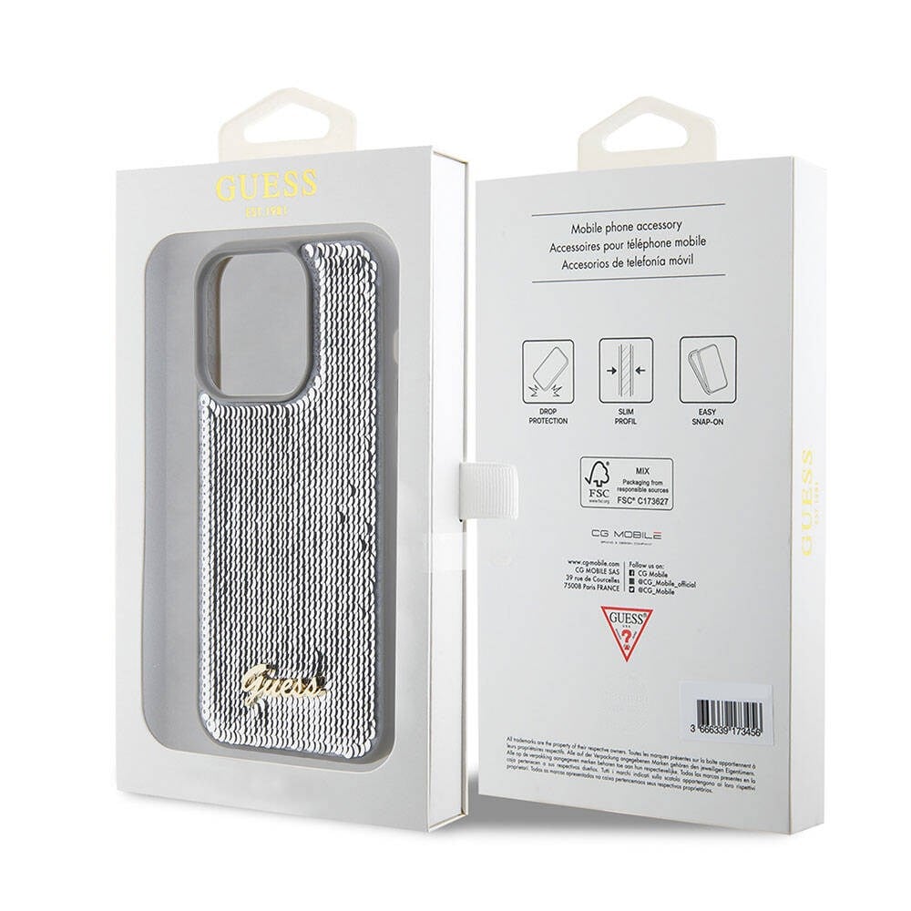 Apple iPhone 15 Pro Kılıf Guess Orjinal Lisanslı Pullu Arka Yüzey Metal Yazı Logolu Sequin Script Kapak