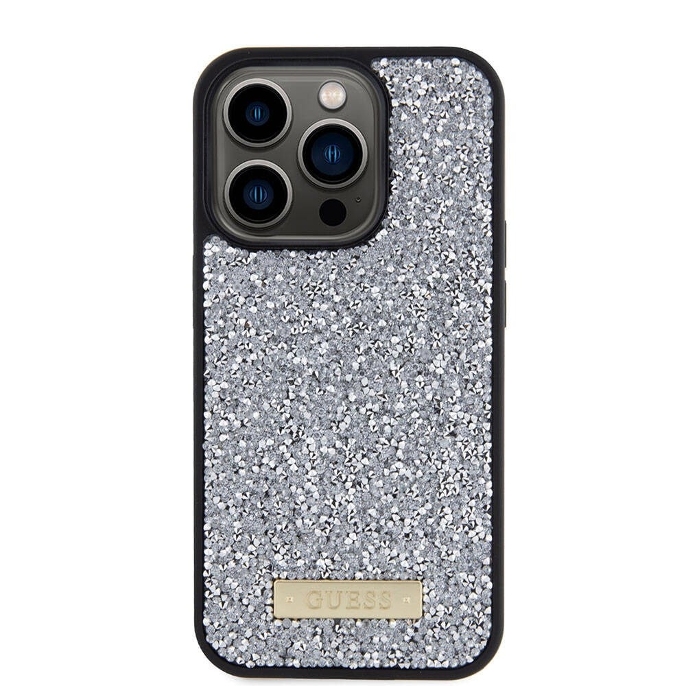 Apple iPhone 15 Pro Kılıf Guess Orjinal Lisanslı Taşlı Arka Yüzey Metal Yazı Logolu Kapak