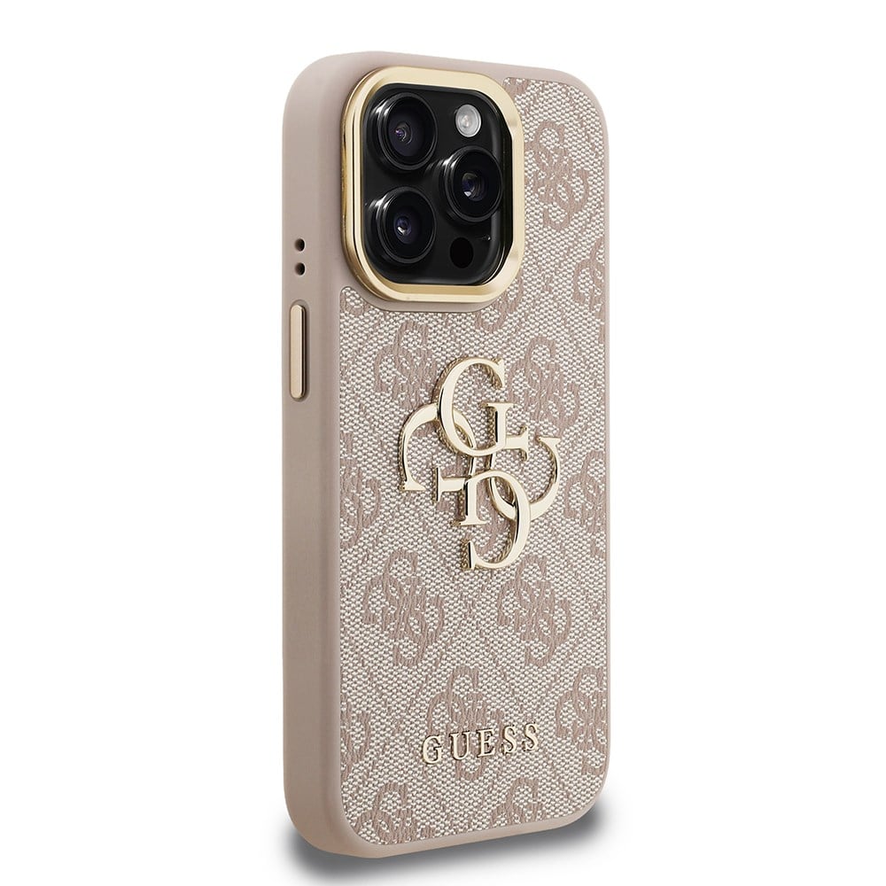 Apple iPhone 15 Pro Kılıf Guess Orjinal Lisanslı PU Deri 4G Desenli Metal Büyük 4G ve Yazı Logolu Kamera Standlı Kapak