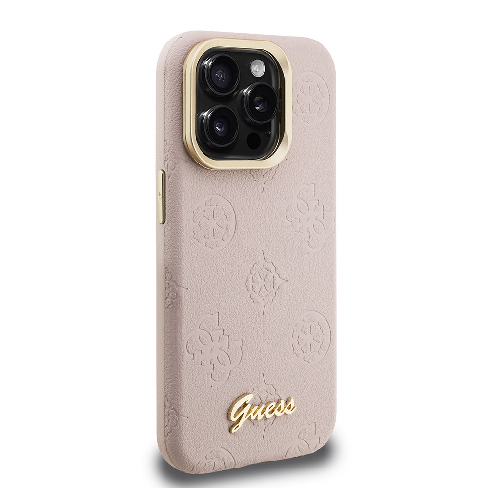 Apple iPhone 15 Pro Kılıf Guess Orjinal Lisanslı M-safe Şarj Özellikli Sıcak Baskılı Yazı Logolu Kamera Standlı PU Deri Peony Kapak