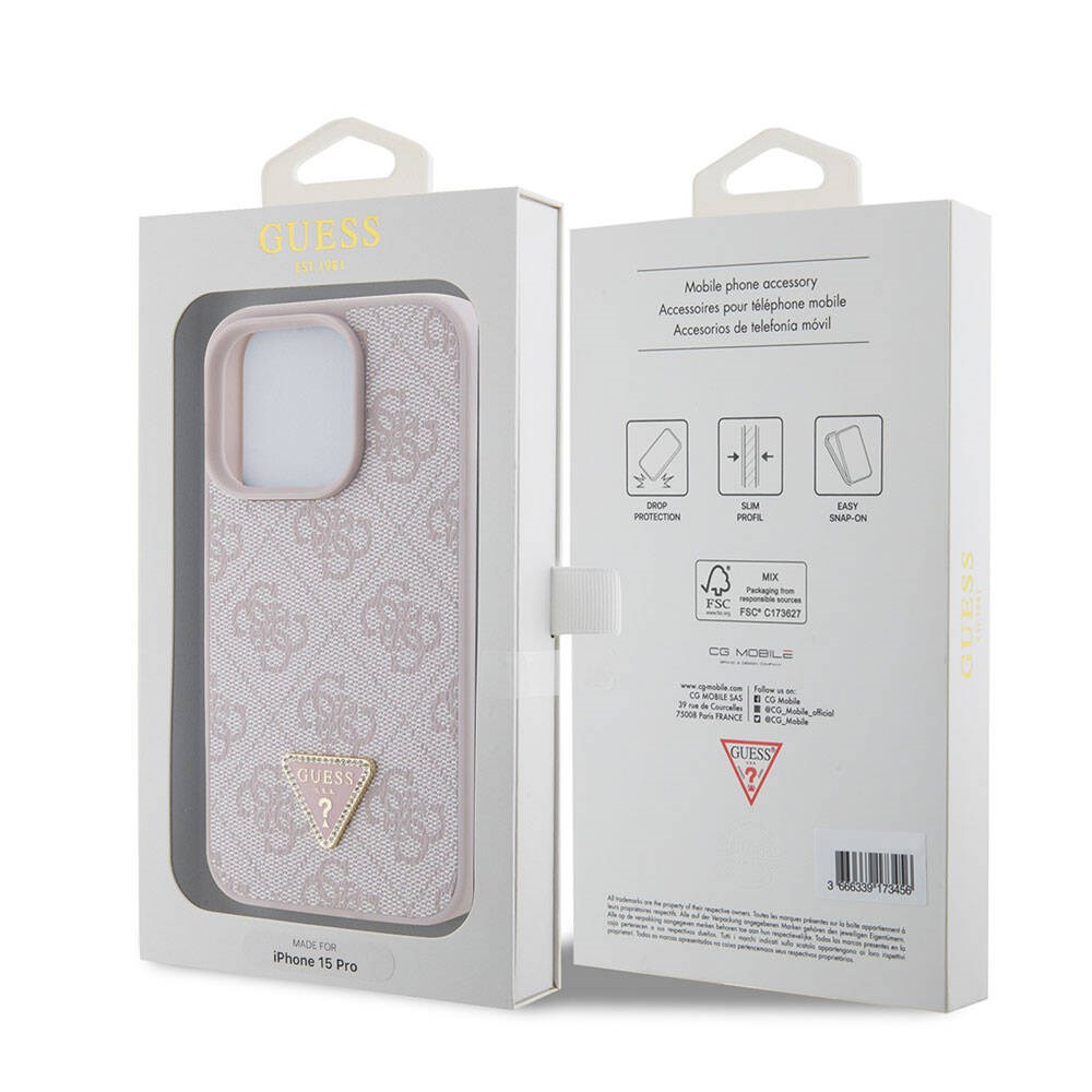 Apple iPhone 15 Pro Kılıf Guess Orjinal Lisanslı PU Deri Taşlı Üçgen Logo 4G Desenli Strass Kapak