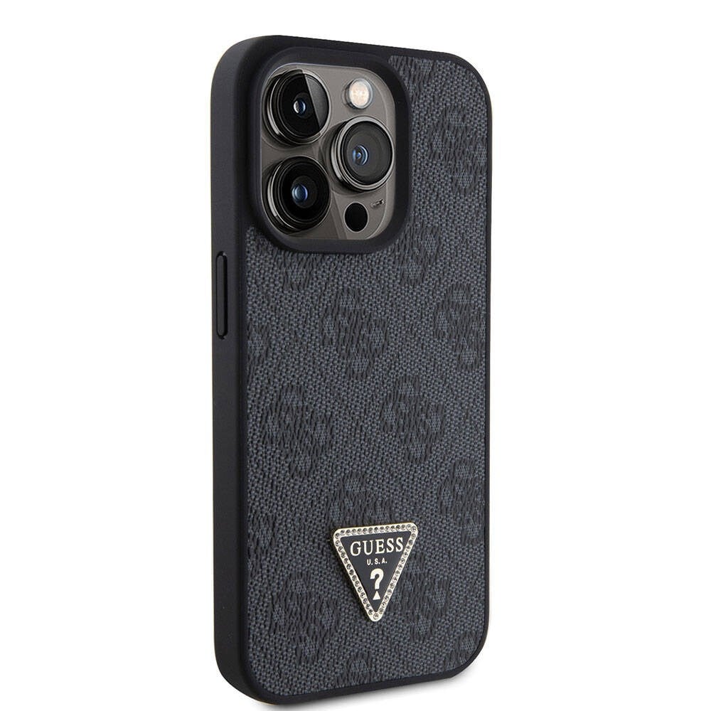Apple iPhone 15 Pro Kılıf Guess Orjinal Lisanslı PU Deri Askılı Taşlı Üçgen Logo 4G Desenli Strass Crossbody Kapak