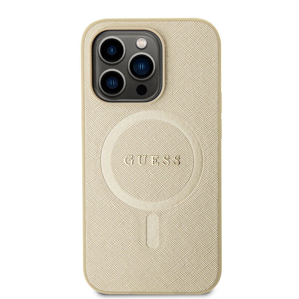 Apple iPhone 15 Pro Kılıf Guess Orjinal Lisanslı M-safe Şarj Özellikli Yazı Logolu Saffiano Kapak