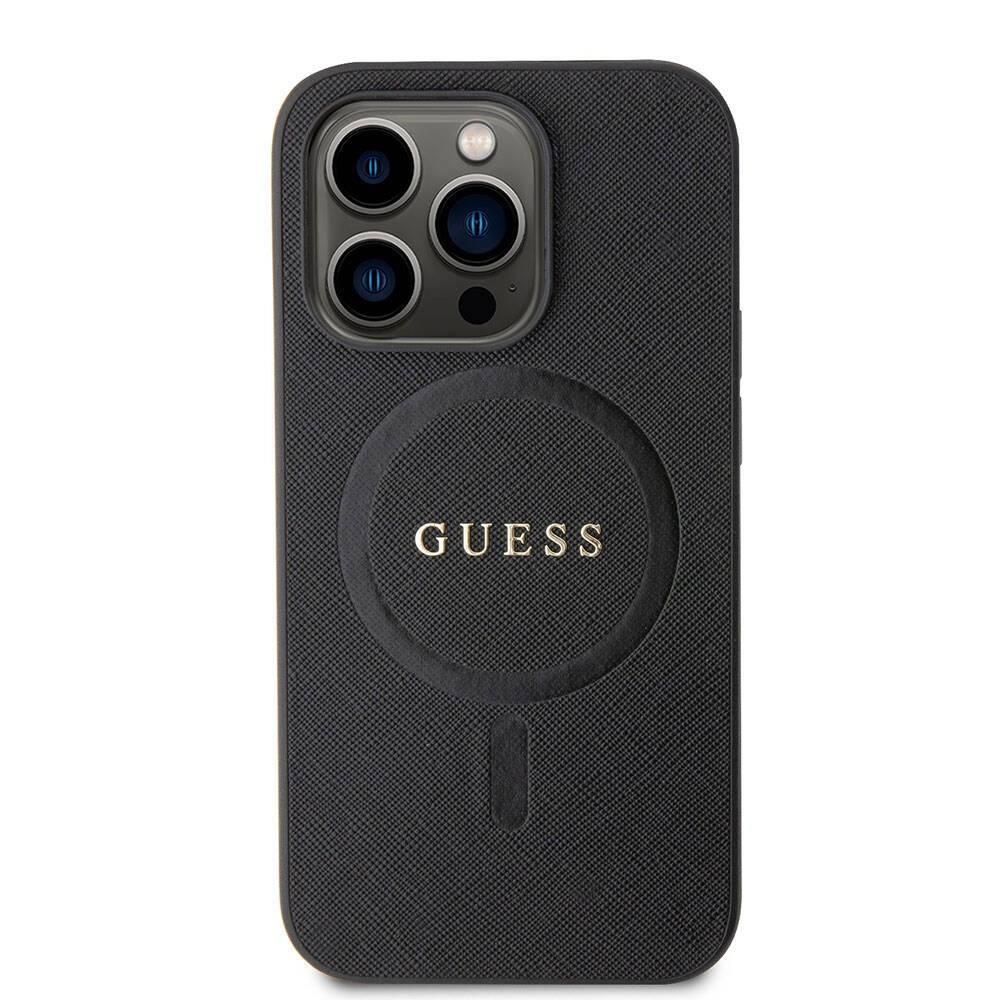 Apple iPhone 15 Pro Kılıf Guess Orjinal Lisanslı M-safe Şarj Özellikli Yazı Logolu Saffiano Kapak