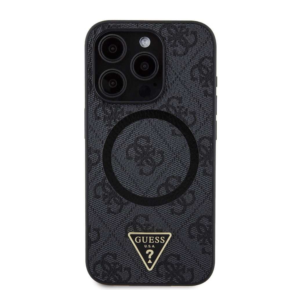 Apple iPhone 15 Pro Kılıf Guess Orjinal Lisanslı M-safe Şarj Özellikli PU Üçgen Logo 4G Desenli Kapak