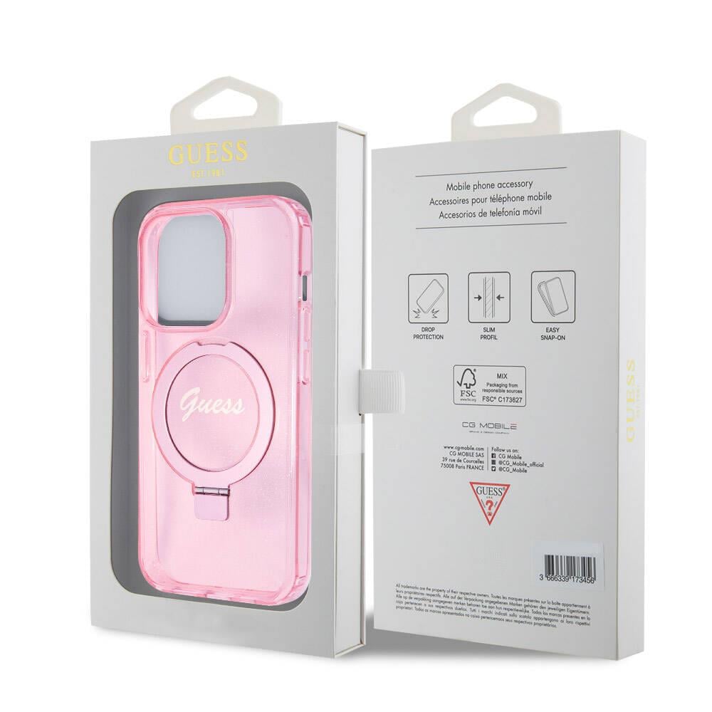 Apple iPhone 15 Pro Kılıf Guess Orjinal Lisanslı M-safe Şarj Özellikli Simli Arka Yüzey Ring Standlı Kapak