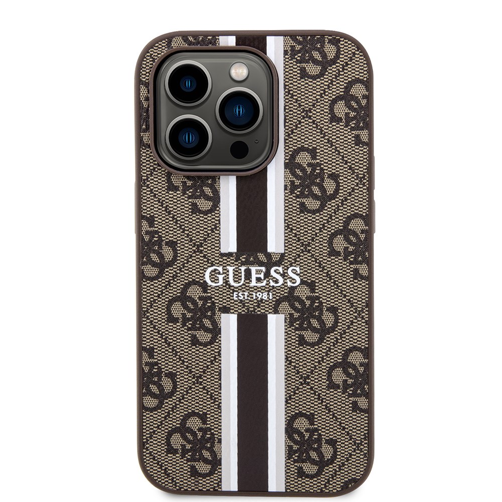 Apple iPhone 15 Pro Kılıf Guess Orjinal Lisanslı M-safe Şarj Özellikli 4G Şerit Tasarımlı Printed Kapak